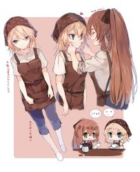 Rule 34 | 2girls, apron, blonde hair, blue eyes, blush, blush stickers, braid, braided bangs, breasts, brown hair, chibi, closed eyes, closed mouth, coffee pot, collarbone, commentary request, expressionless, forced smile, g36 (girls&#039; frontline), g36 (mod3) (girls&#039; frontline), girls&#039; frontline, green eyes, hair between eyes, hair ribbon, hair rings, highres, holding, holding pot, holding tray, imoko (imonatsuki), long hair, looking at viewer, medium breasts, mod3 (girls&#039; frontline), multiple girls, multiple views, open mouth, pants, ponytail, pot, ribbon, shirt, shoes, sidelocks, smile, springfield (girls&#039; frontline), sweatdrop, tray, very long hair