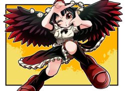 1girl bird_wings black_hair black_ribbon black_skirt black_wings collared_shirt frilled_skirt frills hat highres kneehighs one_eye_closed pom_pom_(clothes) red_eyes red_footwear red_hat ribbon ryo_(ryopics) shameimaru_aya shirt skirt socks solo tokin_hat touhou white_shirt wings