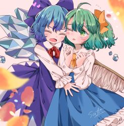 Rule 34 | 2girls, absurdres, ahoge, blue bow, blue dress, blue hair, blurry, blurry background, blush, bow, cirno, closed eyes, daiyousei, dress, flying sweatdrops, frilled shirt collar, frills, glint, green eyes, green hair, hair bow, hands up, heart, highres, ice, ice wings, long sleeves, looking at another, looking to the side, multiple girls, one eye closed, one side up, open mouth, petals, petticoat, salt (seasoning), signature, simple background, touhou, wings, yuri