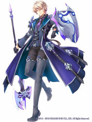 Rule 34 | 1boy, axe, black gloves, blonde hair, boots, company name, dated, full body, gloves, grey thighhighs, grimms notes, highres, holding, holding axe, looking at viewer, male focus, necktie, official art, purple necktie, shield, shuri yasuyuki, simple background, solo, standing, thigh boots, thighhighs, vest, white background, yellow eyes