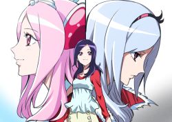 Rule 34 | 3girls, brown eyes, closed mouth, cure passion, eas (fresh precure!), fresh precure!, hair ornament, hairband, higashi setsuna, long hair, long sleeves, multiple girls, parted bangs, pink hair, portrait, precure, purple hair, red eyes, red hairband, red shirt, shirt, silver hair, smile, standing, tsukikage oyama, white background
