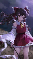 Rule 34 | 1girl, absurdres, ascot, bare shoulders, black hair, bow, brown eyes, closed mouth, detached sleeves, feet out of frame, frilled skirt, frills, gohei, hair bow, hair tubes, hakurei reimu, highres, holding, holding gohei, japanese clothes, long hair, nontraditional miko, red bow, red skirt, reddizen, ribbon-trimmed sleeves, ribbon trim, sidelocks, skirt, solo, touhou, white sleeves, wide sleeves, yellow ascot