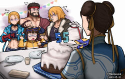 Rule 34 | 2boys, 3girls, abs, beard, birthday, birthday cake, black sports bra, blonde hair, blue-framed eyewear, blue jacket, brown hair, cake, cammy white, capcom, caught, china dress, chinese clothes, chun-li, commentary, dated, double bun, dress, english commentary, eyewear on head, facial hair, facial scar, food, food in mouth, glasses, hair bun, hair ribbon, hershuar, jacket, ken masters, knife, li-fen, mother and daughter, multiple boys, multiple girls, pendant choker, pointing, pointing at another, ribbon, ryu (street fighter), scar, scar on cheek, scar on face, short hair, sports bra, street fighter, street fighter 6, stubble, sweat, nervous sweating, track jacket, wireless