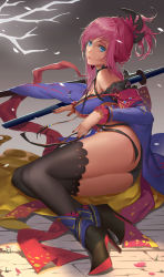 Rule 34 | 1girl, absurdres, ankle boots, ass, asymmetrical hair, black footwear, black panties, black thighhighs, blue eyes, boots, breasts, detached sleeves, earrings, fate/grand order, fate (series), floral print, gradient background, hair ornament, high heel boots, high heels, highres, itoucon, japanese clothes, jewelry, kimono, large breasts, lips, long hair, long sleeves, lying, miyamoto musashi (fate), miyamoto musashi (third ascension) (fate), mole, mole under eye, nail polish, on side, panties, petals, pink hair, ponytail, sash, sheath, sheathed, shoes, solo, sword, thighhighs, tree, underwear, weapon, wooden floor