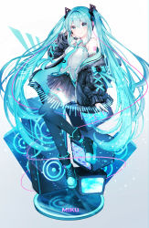 Rule 34 | 1girl, 39, absurdres, arm behind head, black footwear, black jacket, black skirt, black thighhighs, blue eyes, blue footwear, blue hair, blue ribbon, blush, boots, character name, commentary request, hatsune miku, headset, highres, jacket, long hair, long sleeves, looking at viewer, microphone, miniskirt, multicolored footwear, noyu (noyu23386566), off shoulder, open clothes, open jacket, ribbon, shirt, sidelocks, sitting, skirt, smile, solo, speaker, thighhighs, twintails, very long hair, vocaloid, white shirt