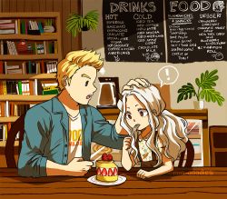 Rule 34 | !, 10s, 1boy, 1girl, ^ ^, alternate costume, animated, animated gif, blonde hair, blue eyes, boku no hero academia, book, bookshelf, cafe, cake, casual, chair, child, closed eyes, coffee, eri (boku no hero academia), closed eyes, floral print, food, fruit, hand on another&#039;s head, happy, headpat, heart, horns, indoors, long hair, menu, menu board, mon-doodles, orange eyes, plant, ponytail, pot, single horn, smile, strawberry, table, thought bubble, togata mirio, utensil in mouth, wooden table