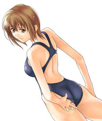 Rule 34 | 00s, 1girl, adjusting clothes, adjusting swimsuit, ass, blonde hair, brown eyes, brown hair, competition swimsuit, maria-sama ga miteru, one-piece swimsuit, satou sei, solo, swimsuit, tanaka shoutarou, wet