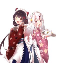 Rule 34 | 2girls, :d, alternate costume, animal ears, apron, back-to-back, black hair, blush, cowboy shot, dog ears, dog girl, enmaided, fang, frilled apron, frills, from side, hakama, hakama skirt, highres, hikarin0502, holding, holding tray, hololive, horns, inui toko, japanese clothes, kimono, looking at viewer, maid, maid headdress, multiple girls, nakiri ayame, nijisanji, oni, open mouth, poyoyo (nakiri ayame), silver hair, simple background, skin-covered horns, skirt, smile, tray, virtual youtuber, wa maid, waist apron, white apron, white background
