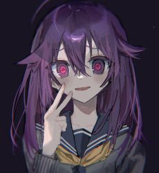 1girl black_shirt blush hair_between_eyes hair_flaps hand_up highres koshi_anko_(shikanoko) long_hair long_sleeves looking_at_viewer neckerchief open_mouth oqo_808 purple_eyes purple_hair raised_eyebrows ringed_eyes sailor_collar shikanoko_nokonoko_koshitantan shirt smile solo v yellow_neckerchief