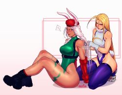 Rule 34 | 2girls, ahoge, animal ear fluff, animal ears, beret, biceps, blue eyes, bodypaint, boku no hero academia, boots, braid, braiding hair, breasts, cammy white, cammy white (cosplay), camouflage, combat boots, commentary, cosplay, costume switch, crescent, crossover, dark-skinned female, dark skin, elbow gloves, english commentary, fake tail, female focus, full body, gloves, green leotard, hair down, hairdressing, hat, heattech leotard, highleg, highleg leotard, highres, huge ahoge, kneeling, large breasts, leotard, lips, long eyelashes, long hair, long legs, mirko, mirko (cosplay), multiple girls, muscular, muscular female, nose, paw shoes, print leotard, purple legwear, rabbit ears, rabbit girl, rabbit tail, red eyes, red gloves, red headwear, sitting, sleeveless, street fighter, street fighter v, tail, thick thighs, thigh strap, thighhighs, thighs, trait connection, turtleneck, twin braids, valentina tavolilla, white gloves, white hair
