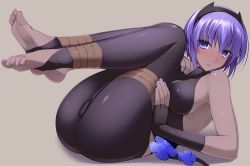 Rule 34 | 1girl, ass, backless outfit, bare shoulders, barefoot, black gloves, black legwear, blush, breasts, cameltoe, dark-skinned female, dark skin, fate/prototype, fate/prototype: fragments of blue and silver, fate (series), feet, fingerless gloves, foot focus, full body, gloves, hairband, hassan of serenity (fate), highres, knees to chest, lying, medium breasts, nail polish, no shoes, on back, open mouth, pants, purple eyes, purple hair, purple nails, ruton-niki, short hair, simple background, skin tight, soles, solo, spandex, sweat, toeless legwear, toenail polish, toenails, toes