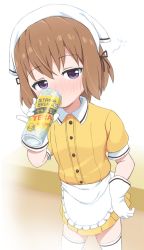 Rule 34 | 1girl, alcohol, apron, beer, blend s, blush, brand name imitation, brown hair, bubukka, can, commentary request, drinking, drunk, gloves, hand on own hip, head scarf, holding, holding can, hoshikawa mafuyu, looking at viewer, shirt, short hair, short sleeves, solo, squeans, standing, stile uniform, strong zero, thighhighs, white gloves, white thighhighs, yellow shirt, zettai ryouiki