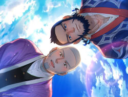 Rule 34 | 2boys, beard, black hair, blue eyes, blue sky, buttons, cloud, cloudy sky, collarbone, earrings, facial hair, foxvulpine, from above, golden kamuy, grey hair, hairy, japanese clothes, jewelry, kimono, kiroranke, looking at viewer, male focus, multiple boys, open mouth, patterned clothing, shiraishi yoshitake, sideburns, sky, smile, sparkling eyes, spiral, teeth, tongue, twitter username, yellow eyes