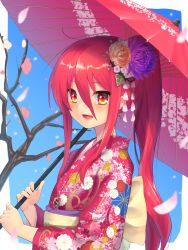 Rule 34 | 1girl, :d, back bow, bare tree, blue background, blush, bow, commentary request, floating hair, flower, from side, hair between eyes, hair flower, hair ornament, high ponytail, highres, holding, holding umbrella, japanese clothes, kimono, long hair, long sleeves, looking at viewer, looking to the side, obi, ohlia, oil-paper umbrella, open mouth, orange eyes, orange flower, petals, pink kimono, print kimono, purple flower, red hair, sash, shakugan no shana, shana, sidelocks, smile, solo, tree, umbrella, upper body, white bow, wide sleeves