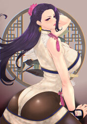Rule 34 | 1girl, bare shoulders, breasts, china dress, chinese clothes, dress, earrings, fingerless gloves, flower, gloves, hair flower, hair ornament, highres, jewelry, large breasts, long hair, luong, mole, mole under eye, pantyhose, purple eyes, purple hair, sk (sk-g), sleeveless, sleeveless dress, the king of fighters
