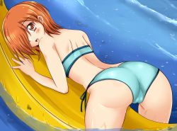 Rule 34 | 1girl, ass, back, banana boat, bare shoulders, blush, bra, brown eyes, cameltoe, from behind, gradient background, hair over one eye, looking at viewer, open mouth, orange hair, original, panties, shiguko, shiny clothes, shiny skin, short hair, solo, swimsuit, underwear, water, wet