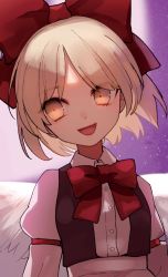 Rule 34 | 1girl, angel wings, blonde hair, bow, bowtie, brown vest, buttons, commentary request, feathered wings, gengetsu (touhou), hair bow, highres, juliet sleeves, long sleeves, open mouth, pink shirt, puffy sleeves, razuzyamu, red bow, red bowtie, shirt, skirt, sleeve garter, touhou, touhou (pc-98), vest, white wings, wings, yellow eyes