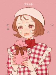 Rule 34 | 1girl, bag, bandaid, bandaid on hand, beanie, blush, bob cut, brown hair, commentary, flustered, flying sweatdrops, frills, fukujumaru, half-closed eyes, hands up, hat, highres, holding, holding bag, injury, layered clothes, long sleeves, looking at viewer, nail polish, nervous, open mouth, original, plaid, plaid shirt, red eyes, red nails, red shirt, red sweater, shirt, short hair, simple background, solo, sweat, sweater, tearing up, turtleneck, turtleneck sweater, upper body, valentine, white hat