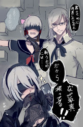 Rule 34 | 1girl, 2boys, adam (nier:automata), blindfold, blood, blush, bow, breasts, cellphone, cleavage, cleavage cutout, clothing cutout, commentary request, crossdressing, embarrassed, female pervert, formal, glasses, gloves, grey eyes, grey hair, hair between eyes, hair bow, hair ribbon, hand to own mouth, headband, highres, looking at viewer, male focus, multiple boys, necktie, nier (series), nier:automata, nosebleed, pervert, phone, ribbon, school uniform, serafuku, short hair, small breasts, smile, suit, translated, walzrj, white hair, 2b (nier:automata), 9s (nier:automata)