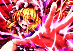 Rule 34 | 1girl, absurdres, ascot, blonde hair, blush, collared shirt, fangs, flandre scarlet, hair between eyes, harii (janib5kc), hat, highres, incoming attack, mob cap, open mouth, red eyes, red theme, shirt, solo, teeth, touhou, upper teeth only, yellow ascot