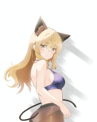 Rule 34 | 1girl, animal ears, ass, blonde hair, blue bra, blush, bra, breasts, brown pantyhose, cat ears, cat tail, closed mouth, gabrieltenma77, glasses, highres, long hair, looking at viewer, looking back, medium breasts, panties, panties under pantyhose, pantyhose, perrine h. clostermann, simple background, solo, strike witches, tail, underwear, white background, white panties, world witches series, yellow eyes