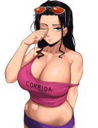 Rule 34 | 1girl, absurdres, arm behind back, black hair, blue eyes, breasts, cleavage, english text, expressionless, eyebrows, eyewear on head, highres, kevbot, large breasts, lips, long hair, midriff, navel, nico robin, off shoulder, one eye closed, one piece, pink tank top, purple shorts, short shorts, shorts, simple background, sleepy, solo, sunglasses, tank top, white background