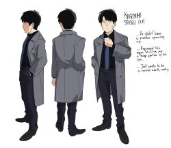Rule 34 | 1boy, aged up, alternate universe, black eyes, black footwear, black hair, black pants, black shirt, blue necktie, blunt bangs, ch0og0o, character age, character name, character sheet, closed mouth, collared shirt, commentary, english commentary, english text, formal, from behind, from side, full body, grey jacket, hand in pocket, highres, jacket, kageyama shigeo, long sleeves, looking at viewer, male focus, mob psycho 100, multiple views, necktie, pants, shirt, shoes, short hair, simple background, standing, suit, white background