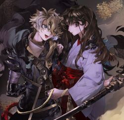 Rule 34 | 1boy, 1girl, bandaged arm, bandages, belt, blonde hair, blue eyes, brown eyes, brown hair, claws, commentary request, fang, female saniwa (touken ranbu), flower, gloves, hair ornament, hair over one eye, hairclip, hakama, hakama skirt, head tilt, highres, holding, holding sword, holding weapon, japanese clothes, kazanniro, kimono, long hair, looking at another, looking at object, low ponytail, multiple belts, red hakama, shishiou (touken ranbu), signature, skirt, sword, tassel, touken ranbu, twitter username, upper body, weapon