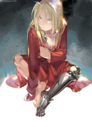 Rule 34 | 1boy, artist name, automail, bad id, bad pixiv id, bare pectorals, blonde hair, coat, covering privates, edward elric, emmmerald, fullmetal alchemist, glowing, long hair, looking at viewer, looking up, male focus, nude cover, pectorals, red coat, scar, serious, solo, solo focus, twitter username, yellow eyes
