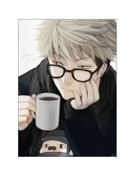 Rule 34 | 10s, 1boy, animal, black-framed eyewear, black hair, black scarf, black sweater, border, cat, closed mouth, clothed animal, coffee, cup, curry gohan, dated, frown, hand on own cheek, hand on own face, hat, head rest, highres, holding, holding cup, long sleeves, looking away, looking to the side, male focus, motion lines, mug, multicolored hair, scarf, silver hair, suwa koutarou, sweater, trembling, two-tone hair, upper body, winter clothes, world trigger
