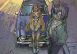 Rule 34 | 2girls, black hair, blonde hair, car, fate/grand order, fate (series), feet out of frame, glasses, highres, horns, ibaraki douji (fate), long hair, looking at viewer, motor vehicle, multiple girls, on vehicle, oni, open mouth, panko (drive co), purple eyes, short hair, shorts, shuten douji (fate), sitting, sketch, skin-covered horns, sunglasses, yellow eyes