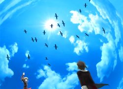 Rule 34 | bird, blue theme, butler, cloud, happy, kanon (umineko), looking up, seagull, sky, smile, sun, umineko no naku koro ni, ushiromiya jessica, waving