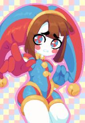 Rule 34 | 1girl, asymmetrical gloves, blue eyes, blue gloves, blue hat, blush, blush stickers, brown hair, gloves, hat, hat bell, jester, jester cap, jester costume, minimilieu, mismatched gloves, multicolored clothes, multicolored hat, pixel art, pomni (the amazing digital circus), puffy sleeves, red eyes, red gloves, red hat, solo, striped clothes, striped headwear, the amazing digital circus, two-tone eyes, vertical-striped bodysuit, vertical-striped clothes, vertical-striped headwear
