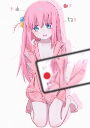 Rule 34 | 1girl, @ @, barefoot, blue eyes, blush, bocchi the rock!, breasts, cellphone, cube hair ornament, embarrassed, gotoh hitori, hair ornament, highres, jacket, kneeling, like and retweet, long hair, looking to the side, naked jacket, nervous smile, one side up, phone, pink hair, pink jacket, ryuuforkaf, small breasts, smartphone, smile, solo, sweat, thumbs up
