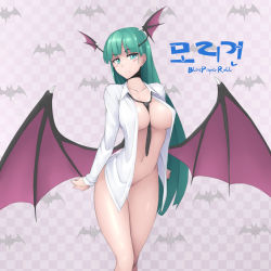 Rule 34 | 1girl, alternate costume, arms at sides, bat wings, between breasts, blouse, blue toilet paper, blunt bangs, blush, breasts, capcom, character name, clenched hands, cowboy shot, demon girl, green eyes, green hair, head wings, korean text, large breasts, long hair, looking at viewer, morrigan aensland, naked shirt, necktie, necktie between breasts, no panties, open clothes, open shirt, shiny skin, shirt, signature, solo, standing, vampire (game), wings, wrists extended
