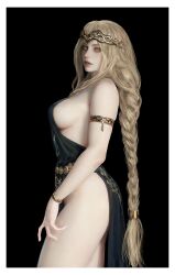 Rule 34 | 1girl, armlet, bare shoulders, black background, black dress, blonde hair, border, bracelet, braid, breasts, circlet, dress, elden ring, gold, highres, jewelry, large breasts, long hair, patterned clothing, queen marika the eternal, solo, white border, xx 14813, yellow eyes