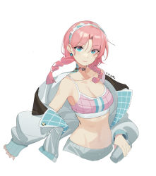 Rule 34 | 1girl, absurdres, arknights, bare shoulders, blue eyes, blue poison (arknights), blue poison (shoal beat) (arknights), braid, breasts, camisole, chinese commentary, choker, cleavage, collarbone, commentary request, crop top, cropped torso, earrings, grey jacket, hairband, head tilt, highres, holding, jacket, jewelry, long hair, medium breasts, midriff, navel, off shoulder, official alternate costume, open clothes, open jacket, pink hair, simple background, solo, spaghetti strap, sports bra, stomach, twin braids, upper body, white background, zhimalin da