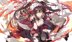 Rule 34 | 1girl, action, bonnet, book, breasts, brown hair, cleavage, clock eyes, commentary request, cowboy shot, date a live, dress, fire, gun, handgun, heterochromia, holding, holding gun, holding weapon, large breasts, long hair, looking at viewer, pages, pistol, red eyes, rie (reverie), smile, solo, symbol-shaped pupils, thighhighs, tokisaki kurumi, twintails, weapon, wind, wrist cuffs, yellow eyes, zettai ryouiki