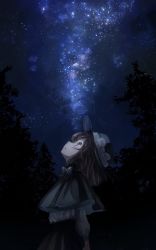 Rule 34 | 1girl, black capelet, black headwear, black skirt, blouse, bow, brown hair, capelet, commentary, fedora, forest, from side, hat, hat bow, highres, long sleeves, looking up, medium hair, minus (sr mineka), nature, night, night sky, open mouth, shirt, skirt, sky, star (sky), starry sky, touhou, tree, upper body, usami renko, white bow, white shirt