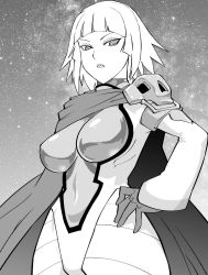 Rule 34 | 1girl, bodysuit, breasts, character request, closed mouth, commentary request, copyright request, gloves, greyscale, looking at viewer, monochrome, short hair, solo, space, ueyama michirou