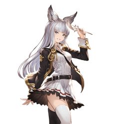 Rule 34 | 10s, 1girl, animal ears, belt, breasts, brown eyes, detached sleeves, erune, feathers, granblue fantasy, jacket, korwa, long hair, looking at viewer, medium breasts, minaba hideo, official art, open clothes, open jacket, quill, school uniform, silver hair, skirt, smile, solo, thighhighs, transparent background, white thighhighs, zettai ryouiki