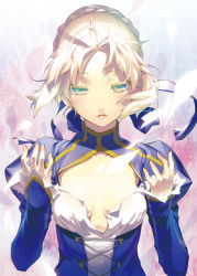 Rule 34 | 1girl, aqua eyes, artoria pendragon (fate), breasts, collarbone, colored eyelashes, eyelashes, fate/stay night, fate (series), floating hair, hair ribbon, juliet sleeves, long sleeves, nilitsu, parted lips, puffy sleeves, ribbon, saber (fate), short hair, small breasts, solo, type-moon, unbuttoned, upper body, wardrobe malfunction, colored eyelashes