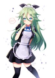 Rule 34 | 1girl, adapted costume, alternate costume, apron, arm behind back, black ribbon, black skirt, black thighhighs, blue bow, blue eyes, blush, bow, bowtie, dated, diamond (shape), enmaided, frilled apron, frills, green hair, hair between eyes, hair ornament, hair ribbon, hairclip, half updo, hand up, ittokyu, kantai collection, leaning to the side, long hair, looking at viewer, maid, maid headdress, ribbon, short sleeves, signature, skirt, solo, speech bubble, spoken blush, thighhighs, yamakaze (kancolle), zettai ryouiki