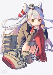 Rule 34 | 10s, 1girl, amatsukaze (kancolle), artist name, black dress, dress, frown, garter straps, grey background, hair tubes, kantai collection, long hair, long sleeves, machinery, red thighhighs, rensouhou-kun, sailor collar, sheep sleep, signature, silver hair, simple background, solo, thighhighs, two side up, white sailor collar, yellow eyes