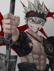 Rule 34 | 1boy, abs, ahoge, asta (black clover), black bulls (emblem), black capelet, black clover, black headband, black sleeves, blood, blood from mouth, capelet, detached sleeves, green eyes, grey hair, hair between eyes, headband, highres, long bangs, looking at viewer, male focus, muscular, muscular male, open mouth, pectorals, prayudi555, scar, scar on stomach, signature, smile, solo, spiked hair