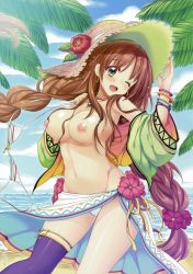 Rule 34 | 1girl, absurdres, araiguma, beach, bikini, blush, braid, breasts, brown hair, day, earrings, flower, green eyes, hat, highres, jewelry, large breasts, long hair, looking at viewer, navel, nipples, one eye closed, open clothes, open mouth, open shirt, original, shirt, smile, solo, swimsuit, thighhighs, twin braids, very long hair