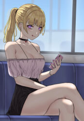 Rule 34 | 1girl, :q, absurdres, bare shoulders, black choker, black skirt, blonde hair, bra strap, breasts, cellphone, choker, cleavage, commentary request, craiven, crossed legs, feet out of frame, highres, holding, holding phone, indoors, large breasts, long hair, looking at viewer, miniskirt, off-shoulder shirt, off shoulder, original, phone, pink shirt, ponytail, purple eyes, shirt, short sleeves, sitting, skirt, smartphone, smile, solo, thighs, tongue, tongue out