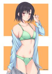 Rule 34 | 1girl, black hair, blue shirt, blush, bob cut, bow, bow bra, bow panties, bra, breasts, clothes pull, commentary, cowboy shot, crotch seam, dress shirt, english commentary, green bra, green girl (rei), green panties, grey skirt, groin, hand in own hair, highres, light frown, looking at viewer, mixed-language commentary, navel, off shoulder, open clothes, open shirt, open skirt, orange background, original, panties, parted lips, pleated skirt, red eyes, rei (09991), shirt, short hair, skirt, skirt pull, small breasts, solo, standing, striped bra, striped clothes, striped panties, twitter username, underwear, undressing