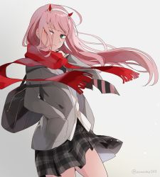 Rule 34 | 10s, 1girl, aka red8547, bag, black bag, blazer, cowboy shot, darling in the franxx, dress shirt, floating hair, green eyes, grey background, hairband, hand in pocket, holding, holding bag, horns, jacket, long hair, looking at viewer, miniskirt, necktie, open clothes, open jacket, pink hair, pleated skirt, red scarf, scarf, school bag, school uniform, shirt, simple background, skirt, solo, standing, striped necktie, striped neckwear, twitter username, very long hair, white hairband, white shirt, zero two (darling in the franxx)
