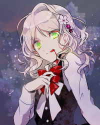 Rule 34 | 10s, 1girl, amo (yellowpink a), blonde hair, blood, bow, bowtie, breasts, cordelia (diabolik lovers), diabolik lovers, flat chest, glowing, glowing eyes, green eyes, hair ornament, hairpin, komori yui, licking, licking lips, looking at viewer, petite, rejet, school uniform, small breasts, tongue, tongue out, uniform, upper body